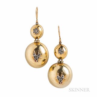 Gold and Diamond Earrings, with rose-cut diamond flies and stars, 4.3 dwt, lg. 1 7/8 in.