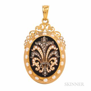Antique 18kt Gold, Pearl, and Diamond Locket, France, c. 1870, the rose-cut diamond and split pearl feather on onyx ground, reverse wit
