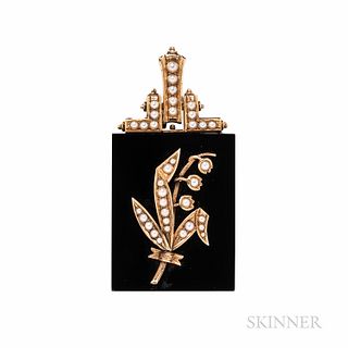 Victorian Gold, Onyx, and Split Pearl Lily of the Valley Pendant, lg. 2 1/4 x 1 1/8 in.