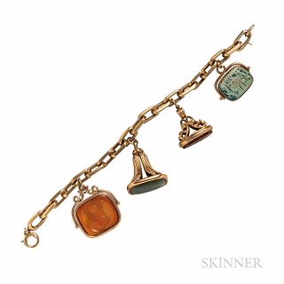 Gold and Hardstone Watch Fob Bracelet, with one faience swivel seal, 39.0 dwt, lg. 7 1/2 in.