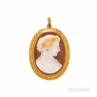Antique Gold and Hardstone Cameo Pendant, depicting a maiden wearing a garland of flowers, engraved frame, 2 x 1 3/8 in.