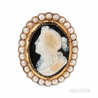 Antique Gold and Hardstone Cameo Brooch, depicting a bacchante, framed by split pearls, reverse with hair compartment, 1 1/2 x 1 3/16 i