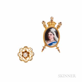 Antique 18kt Gold and Enamel Stickpin Depicting Queen Victoria, after the photograph by Alexander Bassano, and likely for a Jubilee cel
