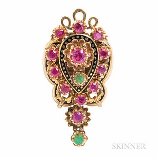 14kt Gold Gem-Set Pendant, set with centering a cushion-cut synthetic ruby, and framed by circular-cut rubies and emeralds, enamel acce