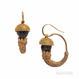 Antique Blackamoor Earrings, after a design by Castellani, and based on 4th century B.C.E. prototypes, 1 1/2 x 1 in.