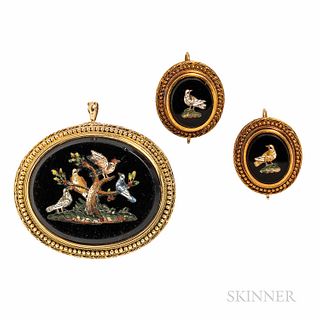 Antique 18kt Gold and Micromosaic Pendant/Brooch and Earrings, depicting birds, bead and ropework frames, 21.1 dwt, lg. 2, 15/16 in., R
