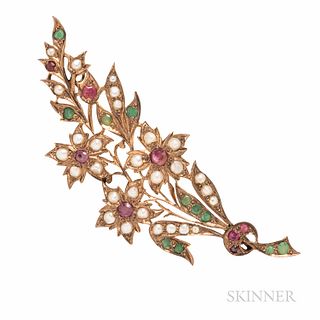 Antique Gold Gem-set Flower Brooch, set with circular-cut rubies and emeralds, with pearl accents, 8.8 dwt, lg. 2 3/4 in.