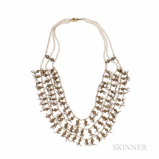 Gold and Pearl Necklace, composed of swags of gold beads with pearl fringe, lg. 3 7/8 in.