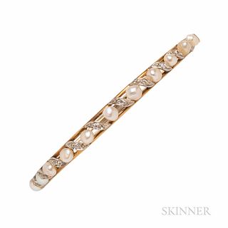 14kt Gold, Pearl, and Diamond Bracelet, the hinged bangle set with pearls and old mine-cut diamonds, 7.2 dwt, interior cir. 6 1/2 in.