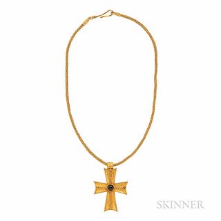 Gold Cross and Chain, the cross with cabochon garnet, braid and bead accents, 30.0 dwt, 2 1/4 x 1 5/8, lg. 19 in.
