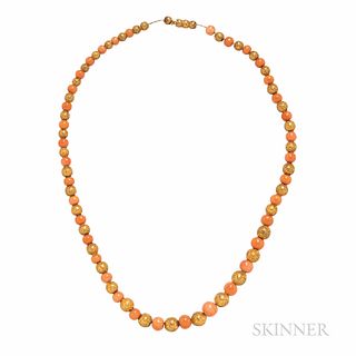 Antique 14kt Gold and Coral Bead Necklace, coral and gold beads with applied ropework, graduating in size from approx. 4.20 to 7.00 mm,