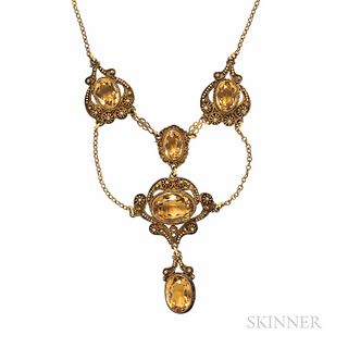 Antique Gilt and Citrine Necklace, with burr and bead accents, lg. 16, the drop 3 1/8 in.