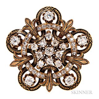 Victorian Gold and Diamond Pendant/Brooch, 19th century, set with old mine-cut diamonds, approx. total wt. 3.00 cts., black tracery ena