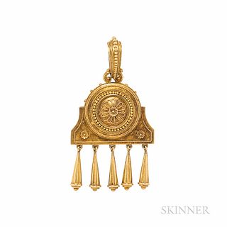 Etruscan Revival Gold Pendant, 19th century, with applied bead and ropework accents, suspending drops, 6.5 dwt, 2 1/4 x 1 1/4 in.