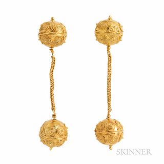 18kt Gold Ball Earrings, with applied beads and ropework, 8.1 dwt, lg. 2 1/4 in.