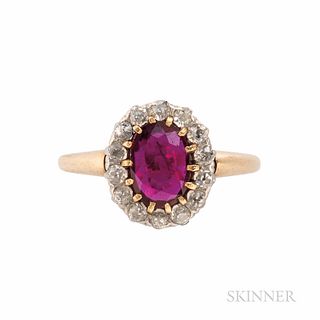 Antique Ruby and Diamond Ring, the oval-cut ruby measuring approx. 7.50 x 5.50 x 2.00 mm, framed by old European-cut diamonds, platinum