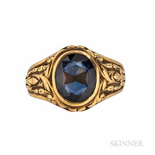18kt Gold and Synthetic Sapphire Ring, France, 8.2 dwt, size 8, guarantee stamp.