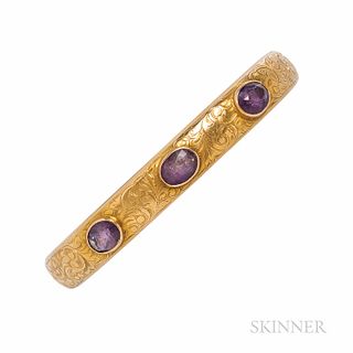 Art Nouveau Sloan & Co. 14kt Gold and Amethyst Bangle Bracelet, with floral and foliate engraving, 10.9 dwt, interior cir. 7 1/2, wd. 3
