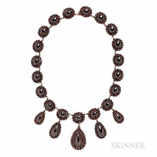 Antique Garnet Necklace, set with carbuncles framed by rose-cut garnets, suspending drops, lg. 16 1/2 in.