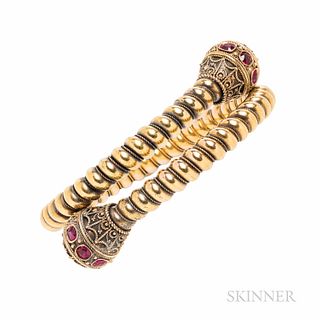 Antique Gold and Ruby Bracelet, the flexible rope bracelet with applied bead and ropework terminals, bezel set with cushion-cut rubies,
