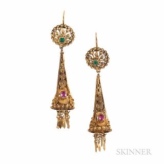 Gold Cannetille Earrings, with pink and green stones, 5.4 dwt, lg. 2 1/2 in.