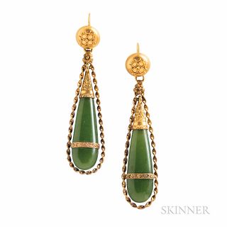 Antique Gold and Nephrite Jade Earrings, 5.0 dwt, lg. 2 1/4 in.