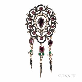 Antique Garnet and Enamel Brooch, set with foil-back garnets and split pearls, suspending drops, silver-topped gold mount, lg. 3 1/2 in