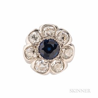 Antique Sapphire and Diamond Ring, the circular-cut sapphire measuring approx. 6.10 x 5.90 x 4.04 mm, framed by old European- and old m
