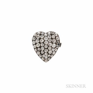 Antique Diamond Heart Clasp, pave-set with old mine- and old single-cut diamonds, approx. total wt. 1.50 cts., silver-topped gold mount