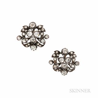 Diamond Earrings, composed of antique elements, set with old mine-cut diamonds, approx. total wt. 1.50 cts., silver and gold mounts, 7/