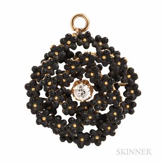 Antique 14kt Gold, Enamel, and Diamond Pendant/Brooch, designed as an old European-cut diamond, approx. 0.25 cts., among a cluster of f