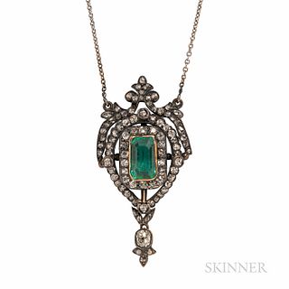 Antique Emerald and Diamond Pendant, bezel-set with an emerald-cut emerald, framed by old mine- and rose-cut diamonds, silver and gold
