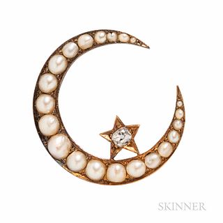 Antique Gold, Split Pearl, and Diamond Crescent Brooch, 37 dwt, lg. 1 5/16 in.