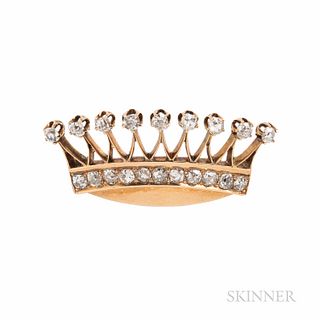 Antique Gold and Diamond Crown Brooch, set with old mine-cut diamonds, 2.3 dwt, lg. 1 3/16 in.