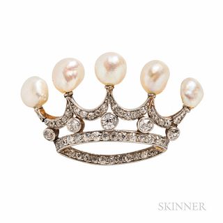 Edwardian Pearl and Diamond Crown Brooch, set with old European-cut diamonds, 4.2 dwt, lg. 1 7/16 in. Note: Pearls not tested for origi
