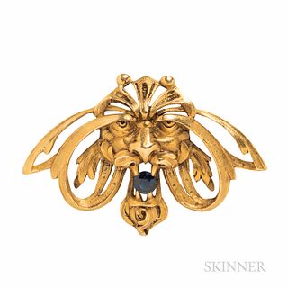 Art Nouveau 18kt Gold Pendant/Brooch, France, designed as a grotesque with blue stone, 14.9 dwt, 2 1/8 x 3/8 in., maker's mark and guar
