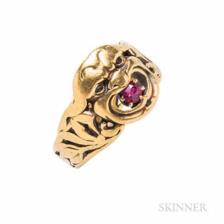 Antique 18kt Gold and Ruby Ring, depicting a grotesque, size 7 1/2.