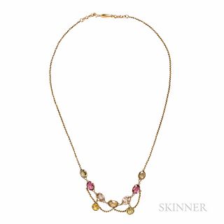 Art Nouveau Gold Gem-set Necklace, with bezel-set colored stones, lg. 14 in.