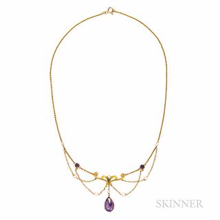 Art Nouveau 14kt Gold and Amethyst Festoon Necklace, with enamel and pearls, and joined by swags of chain, lg. 16 in.