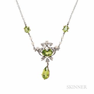 Edwardian Peridot, Diamond, and Pearl Necklace, with oval and pear-shape peridot, and old European-cut diamonds, platinum-topped gold m