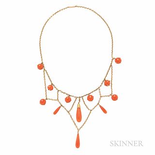 Antique Gold and Coral Necklace, with coral buttons and drops, 13.6 dwt, lg. 14 7/8 in.