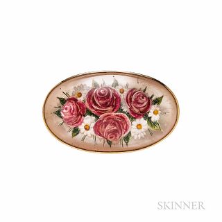 14kt Gold and Reverse-painted Crystal Brooch, depicting roses and daisies, lg. 1 1/4 in.