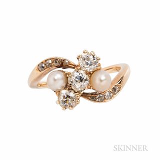 Antique Gold, Pearl, and Diamond Ring, set with three old mine-cut diamonds, approx. total wt. 0.60 cts., pearl accents, and diamond sh