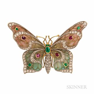 18kt Gold and Plique-a-jour Enamel Butterfly Brooch, the plique-a-jour enamel wings with ruby and emerald accents, with platinum and ro