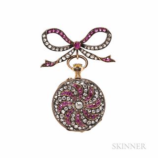 Antique Ruby and Diamond Pocket Watch, set with old European- and rose-cut diamonds, and cushion-cut rubies, silver and gold mount, 28