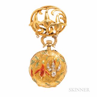 Antique 18kt Gold, Enamel, and Diamond Open-face Pendant Watch, depicting trumpet flowers, with old European- and old single-cut diamon