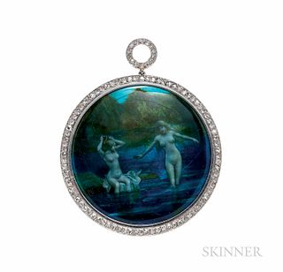 Belle Epoque Marchaison Limoges Enamel and Diamond Pendant, France, c. 1911, depicting nymphs bathing in a river, signed and dated on t