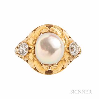 Arts and Crafts 18kt Gold, Button Pearl, and Diamond Ring, the pearl measuring approx. 10.00 x 9.30 mm, with old European-cut diamonds,