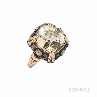 Renaissance Revival 18kt Gold and Yellow Sapphire Ring, the cushion-cut sapphire measuring approx. 11.50 x 10.80 x 7.00 mm, rose-cut di
