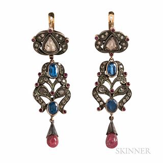 Gem-set Earrings, with oval-cut sapphires and pear-shape rose-cut diamonds, and diamond melee, ruby bead drops, in silver and gold, lg.